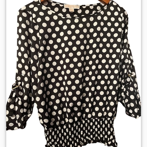Michael Michael Kors Top Sz S Black and White Gathered Polka Dot Blouse - Picture 3 of 8